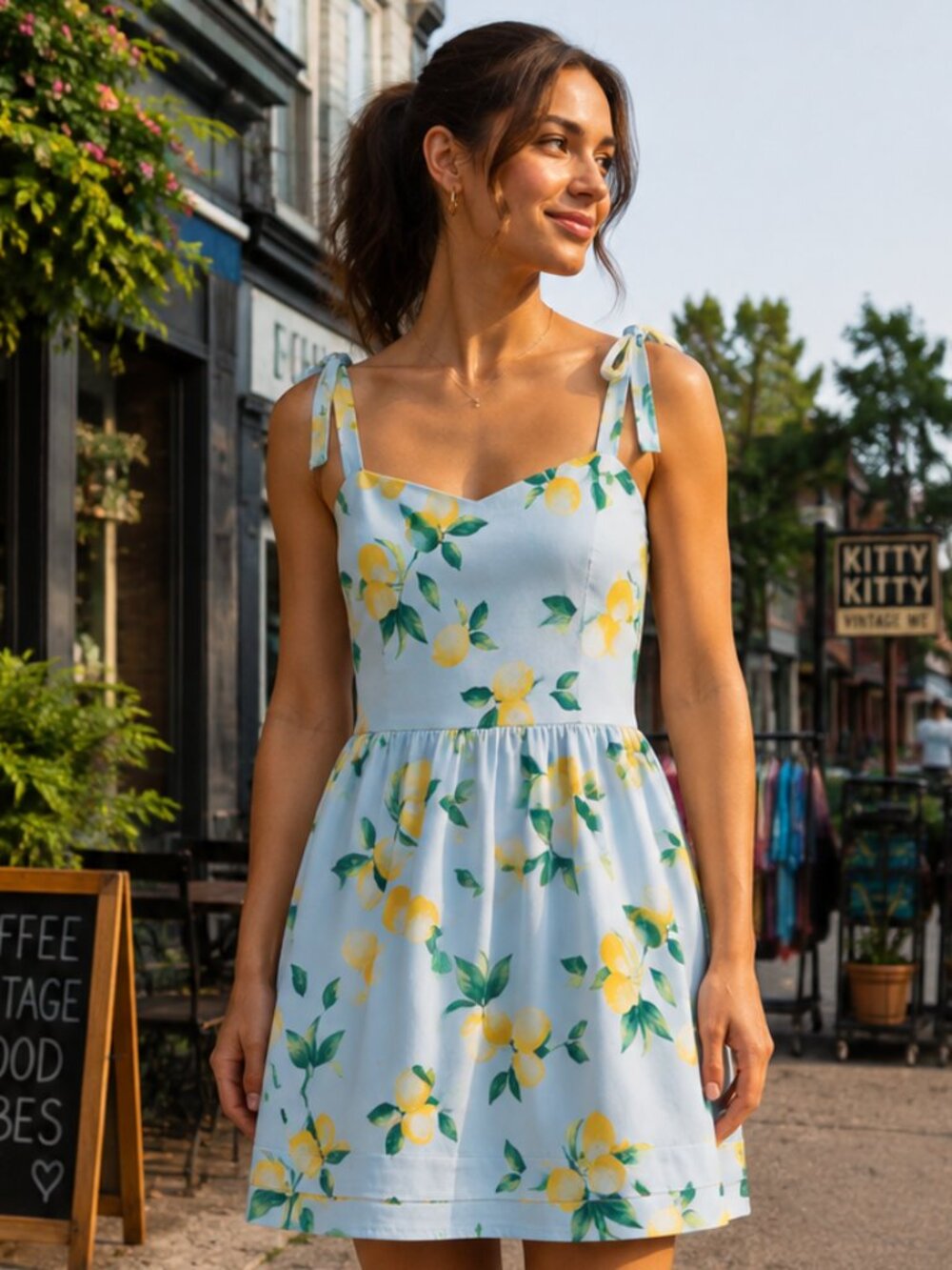 Francesca's Blue Rain Lemon Print Sundress Blue Yellow Rayon Tie Straps Size L